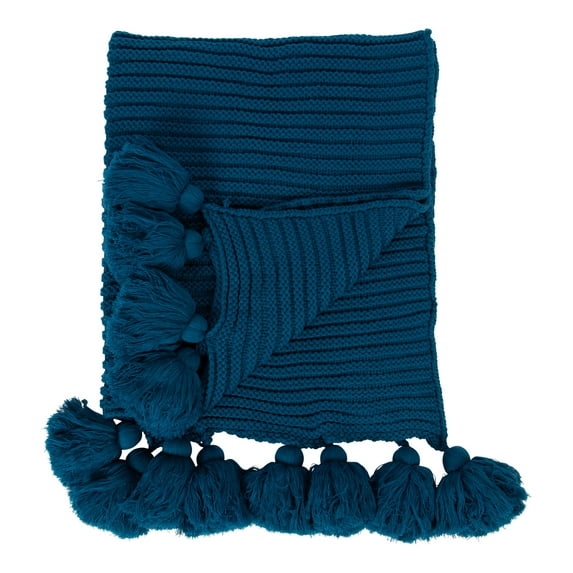 Kate and Laurel Tassey Large Chunky Ribbed Knit Throw Blanket with Oversized Corner Tassels, 60 x 50-inches, Teal