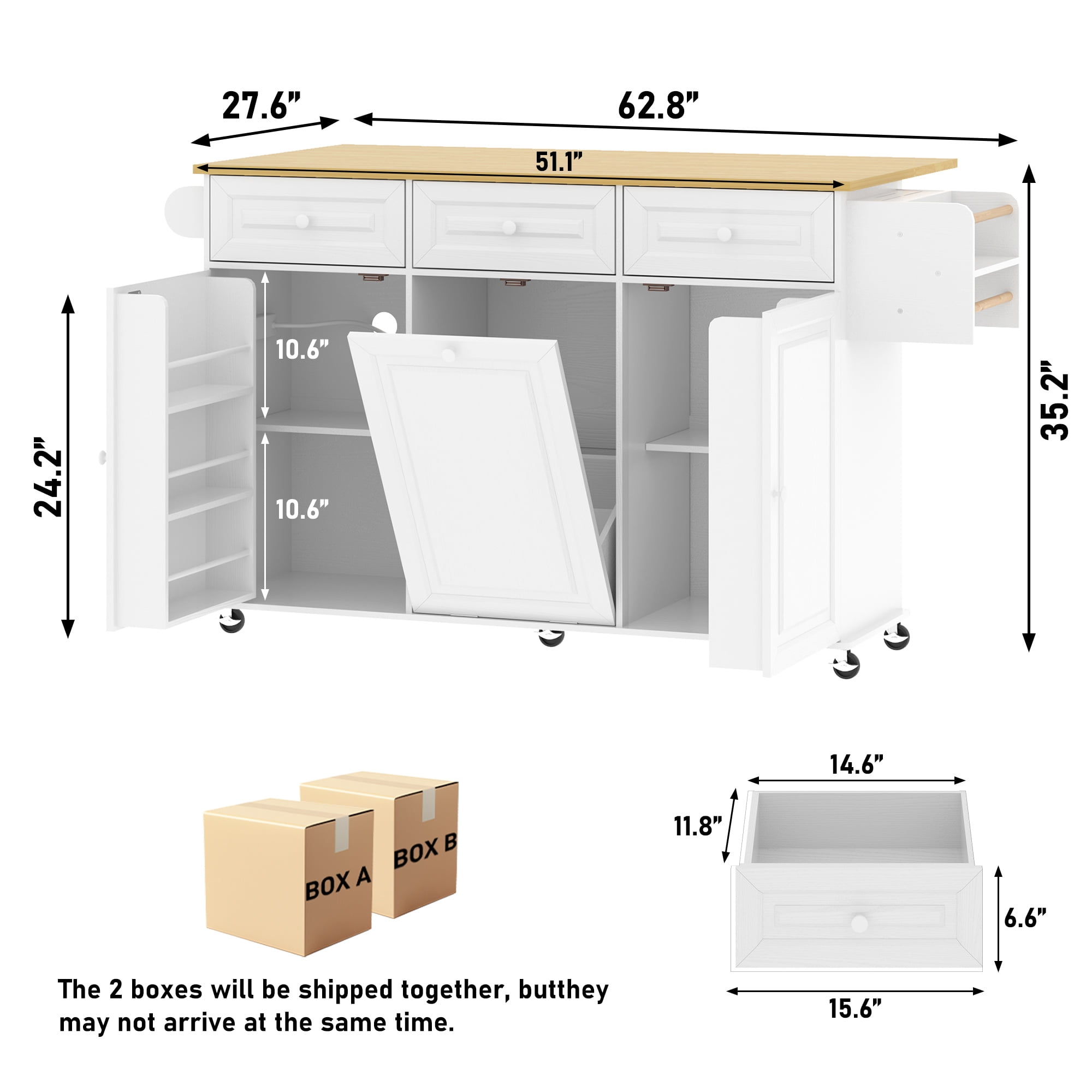 ANPOO Rolling Large Kitchen Island Cart with Sliding Drop Leaf, Trash Can Storage & Power Outlet, 7 Spice Racks, 63" White