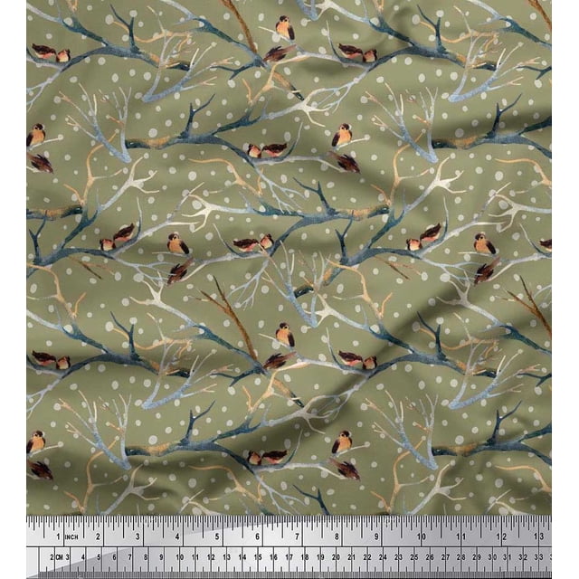 Soimoi Green Rayon Fabric Branch,Dot & American Robin Bird Decor Fabric Printed BTY 42 Inch Wide