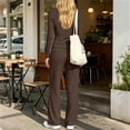 thumbnail image 6 of Feancey 2 Piece Sets for Women Tracksuit Outfits Button Up V Neck Long Sleeve Top and Sweatpants Sweatsuits Set Solid Color Lounge Two Piece Sets with Pockets Brown L, 6 of 9
