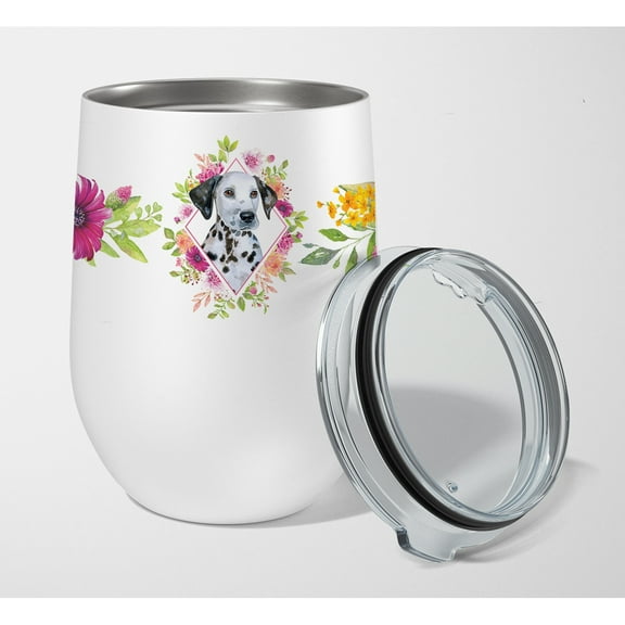 Carolines Treasures CK4136TBL12 Dalmatian Puppy Pink Flowers Stainless Steel 12 oz Stemless Wine Glass 12 oz multicolor
