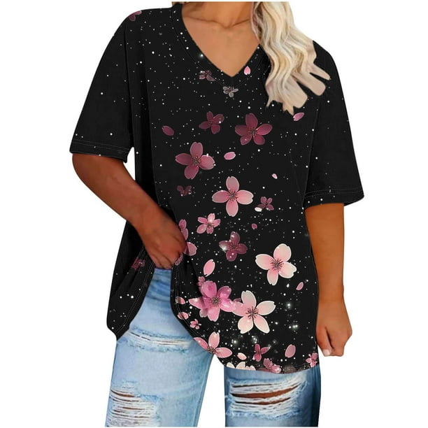 Puntoco Liquidación de blusas cortas para mujer Camisa básica estampada de manga corta con cuello en V y talla grande para mujer