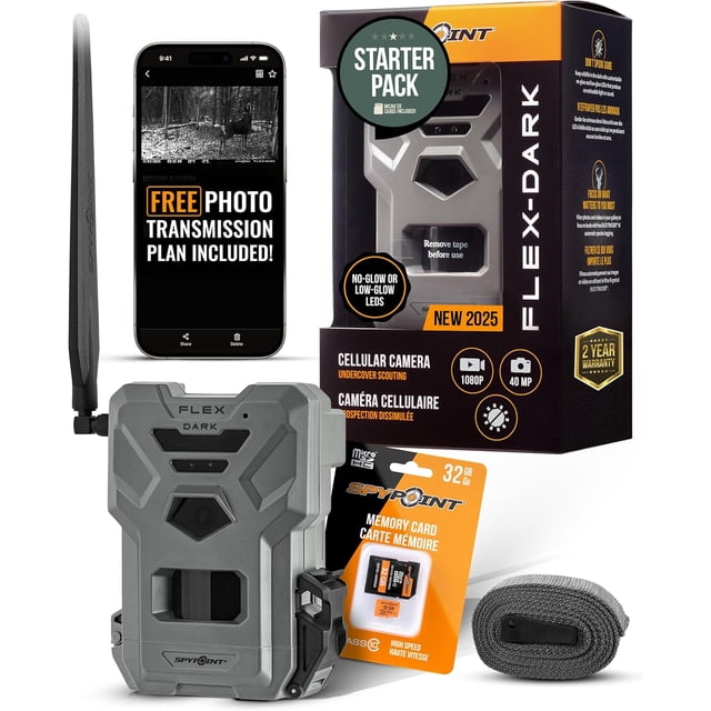 Flex-Dark Starter Pack with SD Card - Cellular Trail Camera, 40MP Photos, 1080p Video + Sound, No-Glow Game Camera, Hunting Night Vision, Motion Activated,100ft Detection, No WiFi Needed