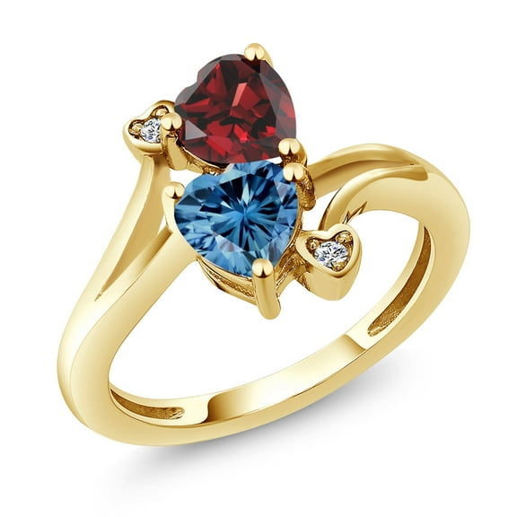 Gem Stone King 18K Yellow Gold Plated Silver Red Garnet Persian Blue Moissanite and White Lab Grown Diamond Ring for Women (1.83 Cttw, Heart Shape 6MM, Gemstone January Birthstone, Size 6)