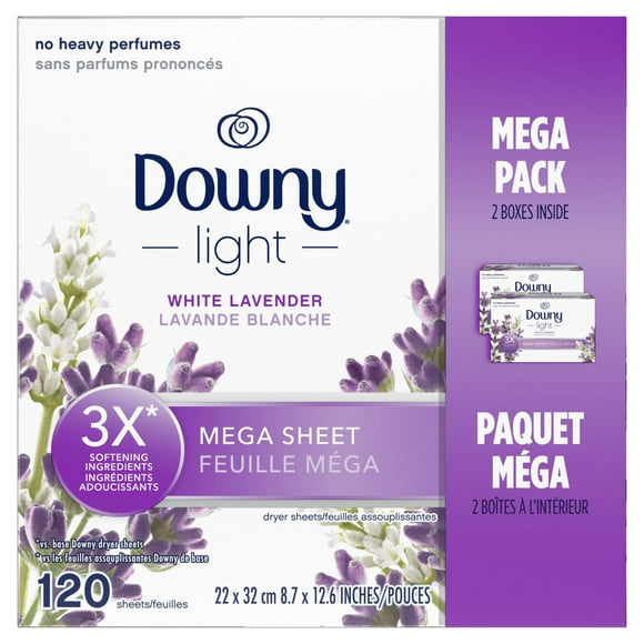 Downy Light Mega Dryer Sheets, Fabric Softener Dryer Sheets, White Lavender, 120 Count