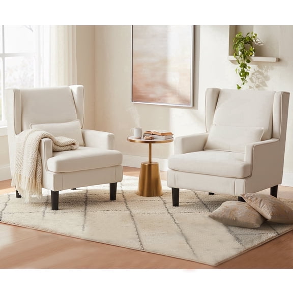 Accent Chair for Living Room Chairs Upholstered Oversized Reading Chair Armchair Accent Chairs Set of 2 Living Room Chair with High Back and Wood Legs,Arm Chair Comfy Chair for Bedroom(Beige)