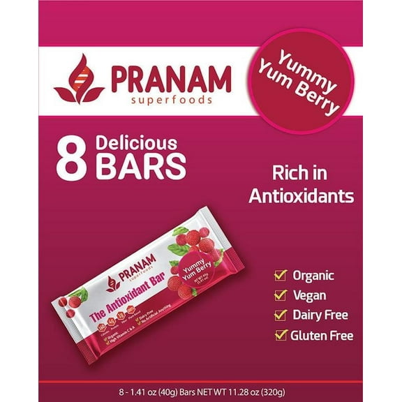Pranam Bars Yummy Yum Berry Antioxidant Bars, Organic, Gluten Free, Dairy Free, 8 Count, 11.28 oz