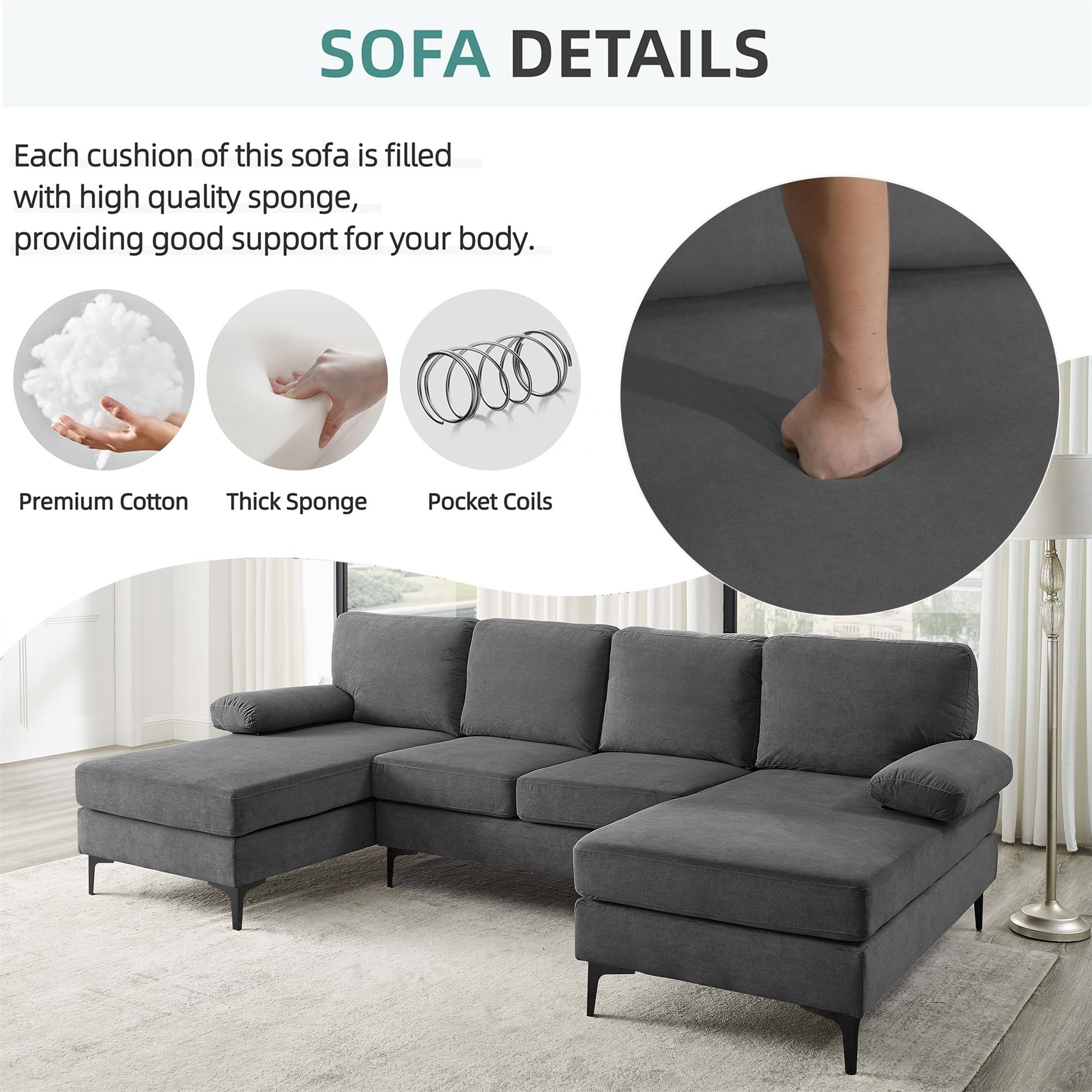 Aukfa 106" U-Shaped Sectional Sofa with Double Chaise Sleeper Sofa Couch for Living Room, Dark Gray