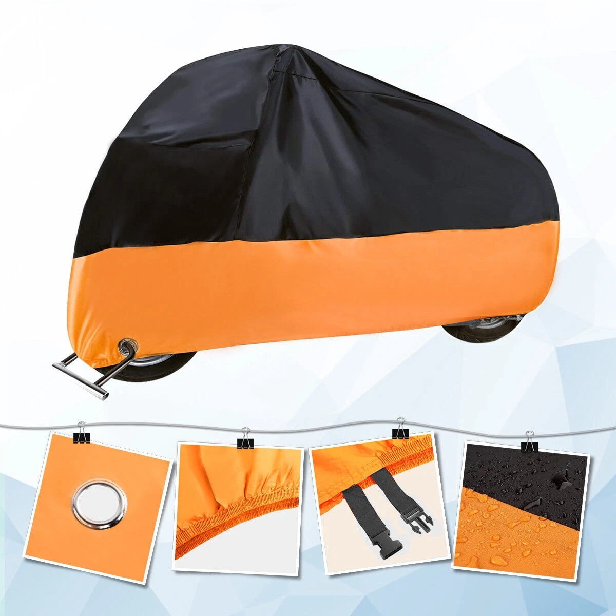 Heavy Duty Motorcycle Cover Universal Waterproof, Windproof Motorbike Cover with Lock Holes and Storage Bag, Fits up to 104" (Black-Orange)