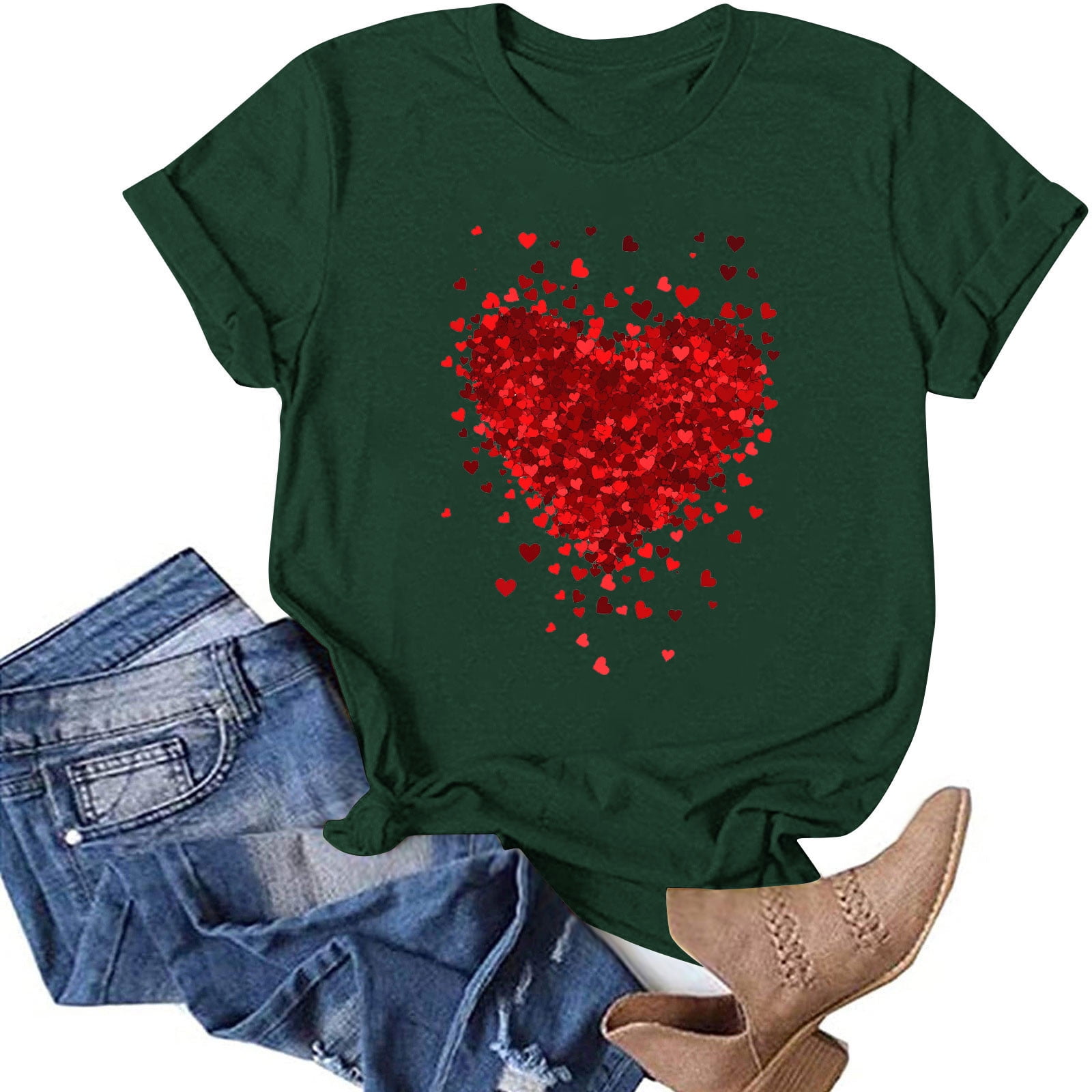 Women's Valentine's Day Shirt - Cute Heart Print Short Sleeve Tee, Raglan Sleeve, Soft Cotton Blend