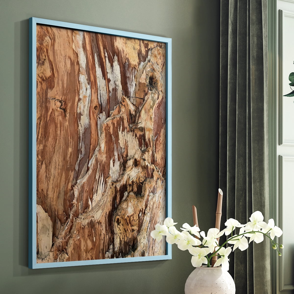 Tree Texture Triptych I Framed Print in Blue Solid Wood Framed Print No Nail Hanging