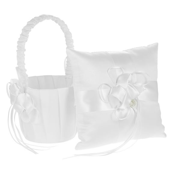 Ivory White Satin Flower Bowknot Ring Bearer Pillow and Wedding Flower Girl Basket Set Perfect for Your Wedding Aisle