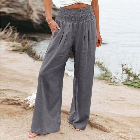 High Waist Wide Leg Palazzo Pants For Women Smocked Elastic Waist Loose Comfy Casual Pajama Pants Pockets Womens Cropped Pants Casual Petite Womens Sweatpants Women Casual Pants Suits Womens Business