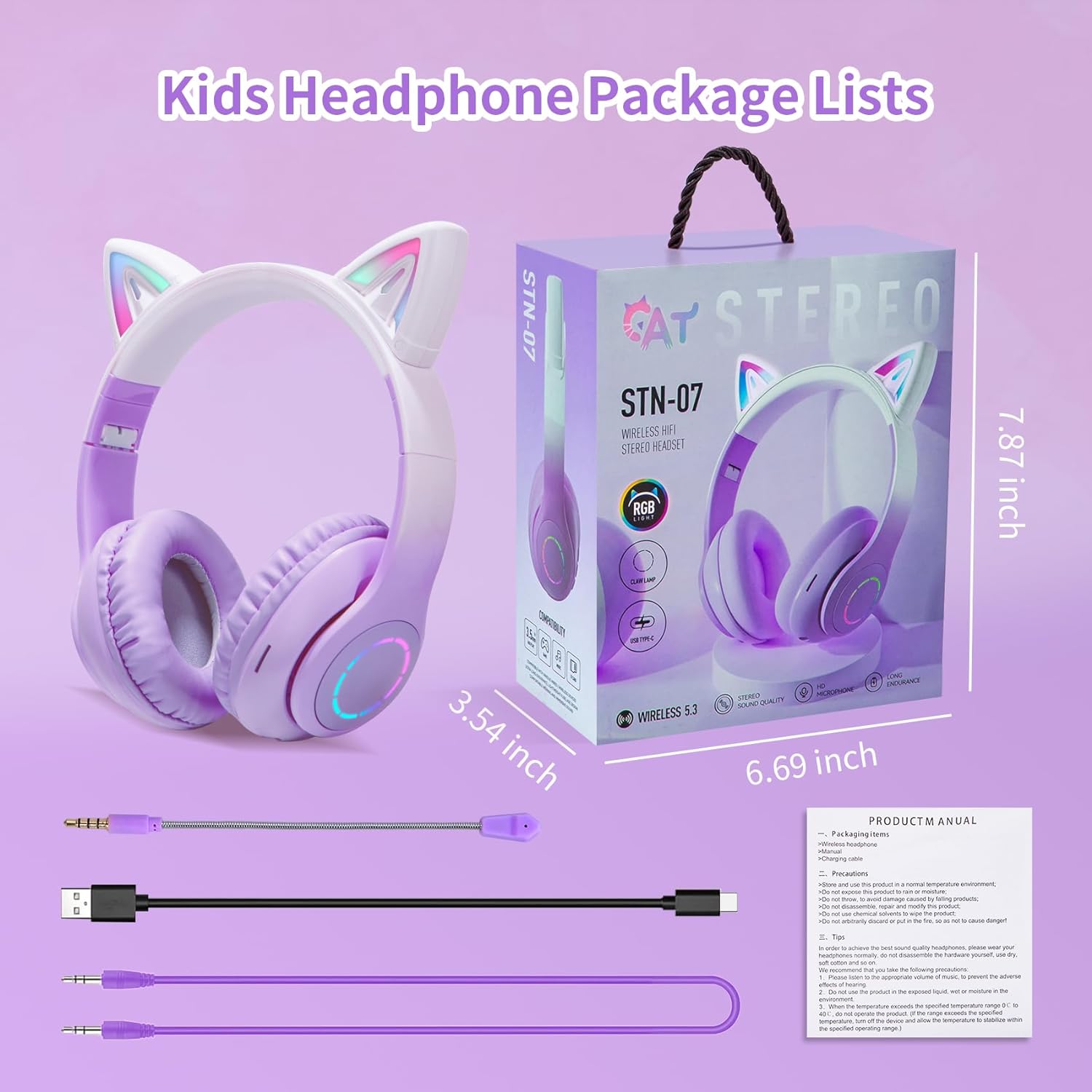 Yuehuam Cat Ear Headphones, Kids Bluetooth Headphone with Microphone, Foldable Comfortable and Adjustable Wireless/Wire Over Ear Headset for Girls Teenagers and Adults, Purple