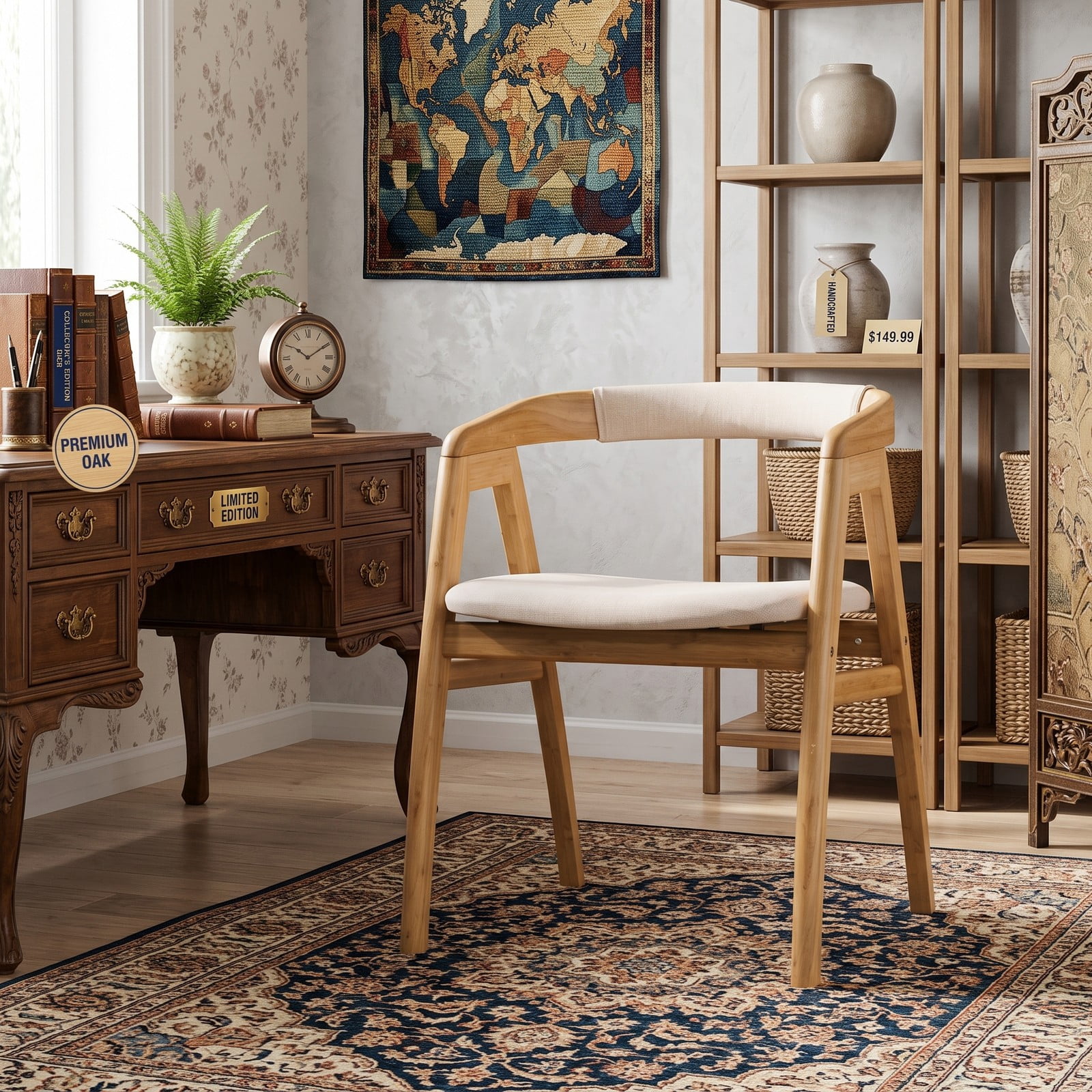 Furnibear Leisure Bamboo Dining Chair with Curved Back, Armrests and Anti-Slip Foot Pads, Cushioned Accent Side Chair for Kitchen Dining Room Living Room, Natural