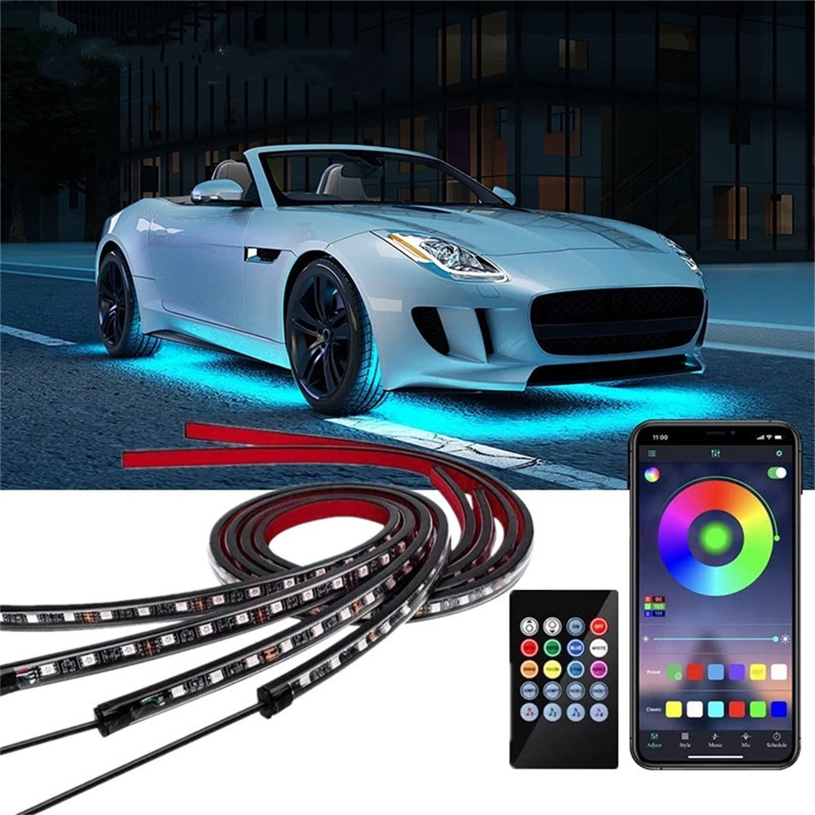 Kit éclairage LED Multicolore Sous Châssis Voiture - 4 Bandes étanches IP65 - Télécommande RGB - 9-36V - Pour Customisation - 9