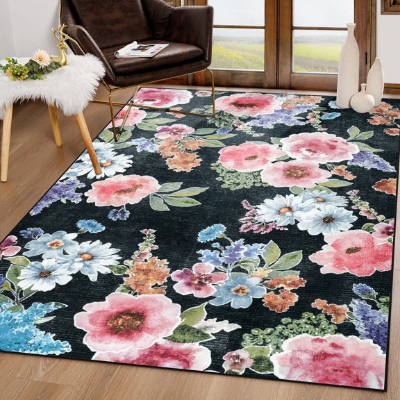 GUUCHA Floral Area Rug for Bedroom Soft Rugs Non Slip Carpet Vintage Rug,8'x10',Black/H19