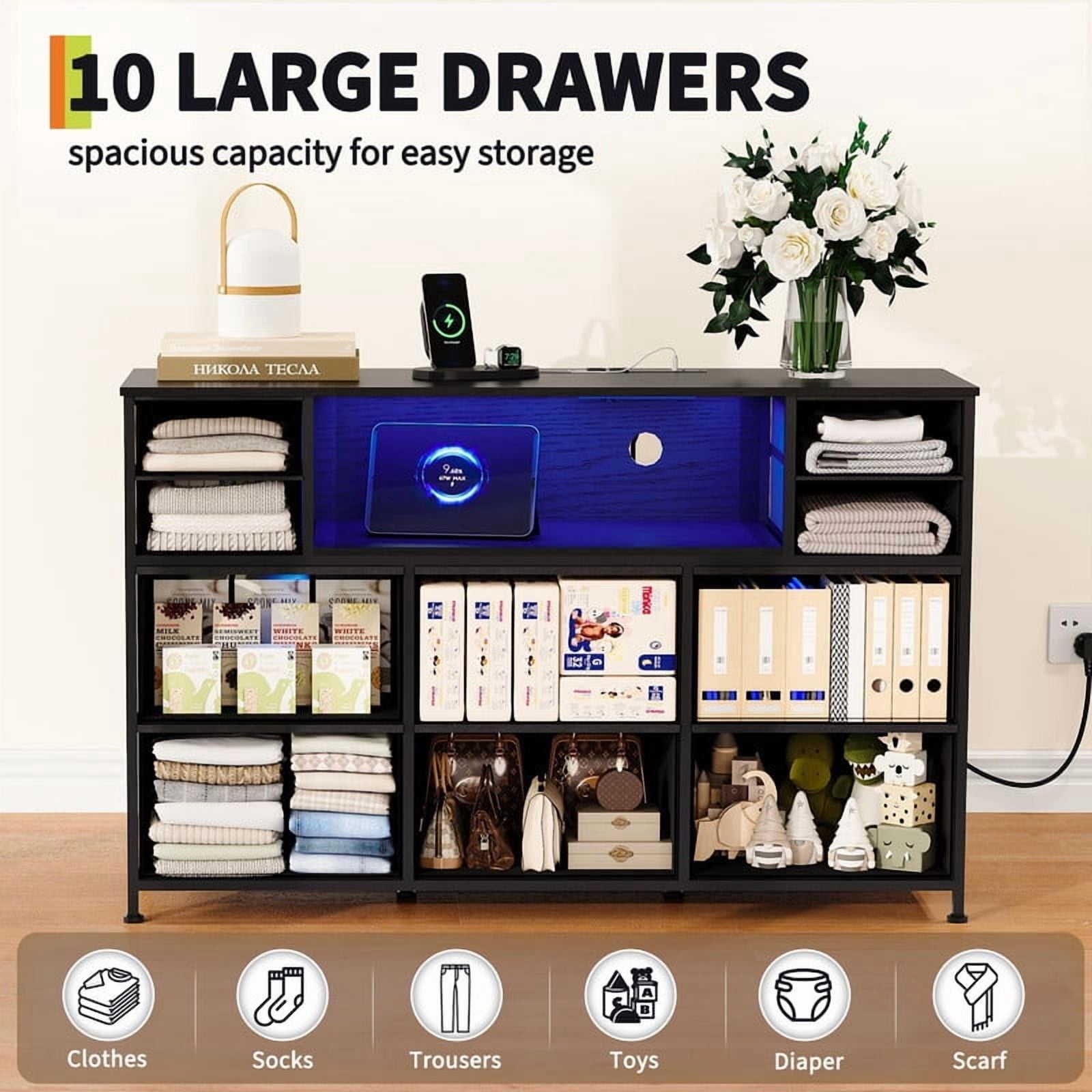 TROPOW 10 Fabric Drawers Dresser with LED Lights, Entertainment Center with Charging Station, Wood Top, Open Shelves, TV Stand for 40"-55" TV, Chest of Drawers for Bedroom Living Room Hallway