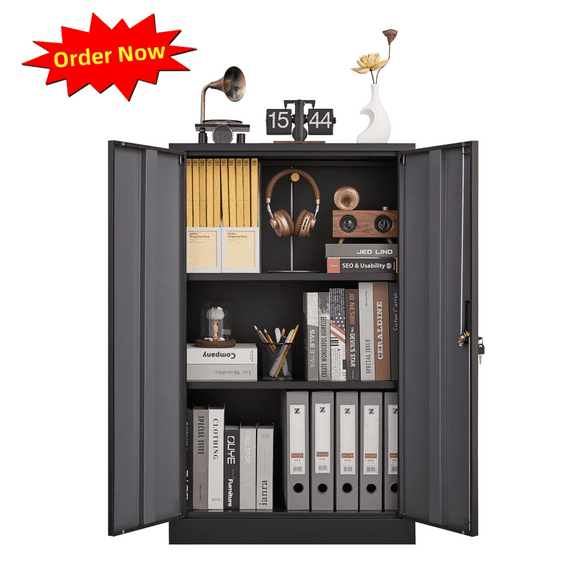 Tcbosik Metal Storage Cabinet, Folding Filing Cabinet with Adjustable Shelf and Locking Doors, Garage Cabinet for Home Office, Warehouse, Black
