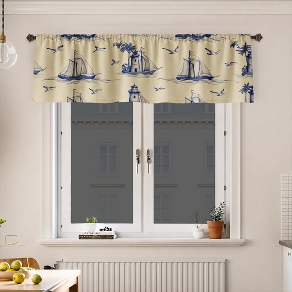 AshasdS Vintage Blue Nautical Sailing Ships Window Valance Ocean Beach Short Curtain Rod Pocket Bathroom