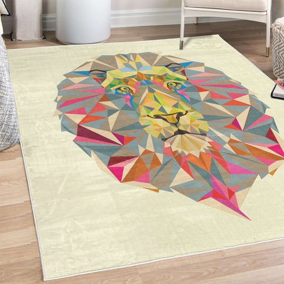 Zoo Decorative Rug, Colorful Animals Geometric Diamond Face Lions Mane Savannah Wildlife Theme Image Print, Quality Carpet for Bedroom Dorm and Living Room, 6 Sizes, Ivory, by Ambesonne