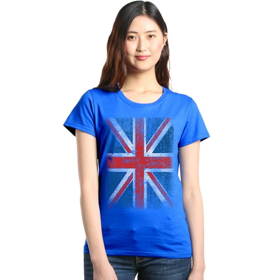 Shop4Ever Women's Union Jack British Flag UK Graphic T-Shirt X-Large Royal Blue