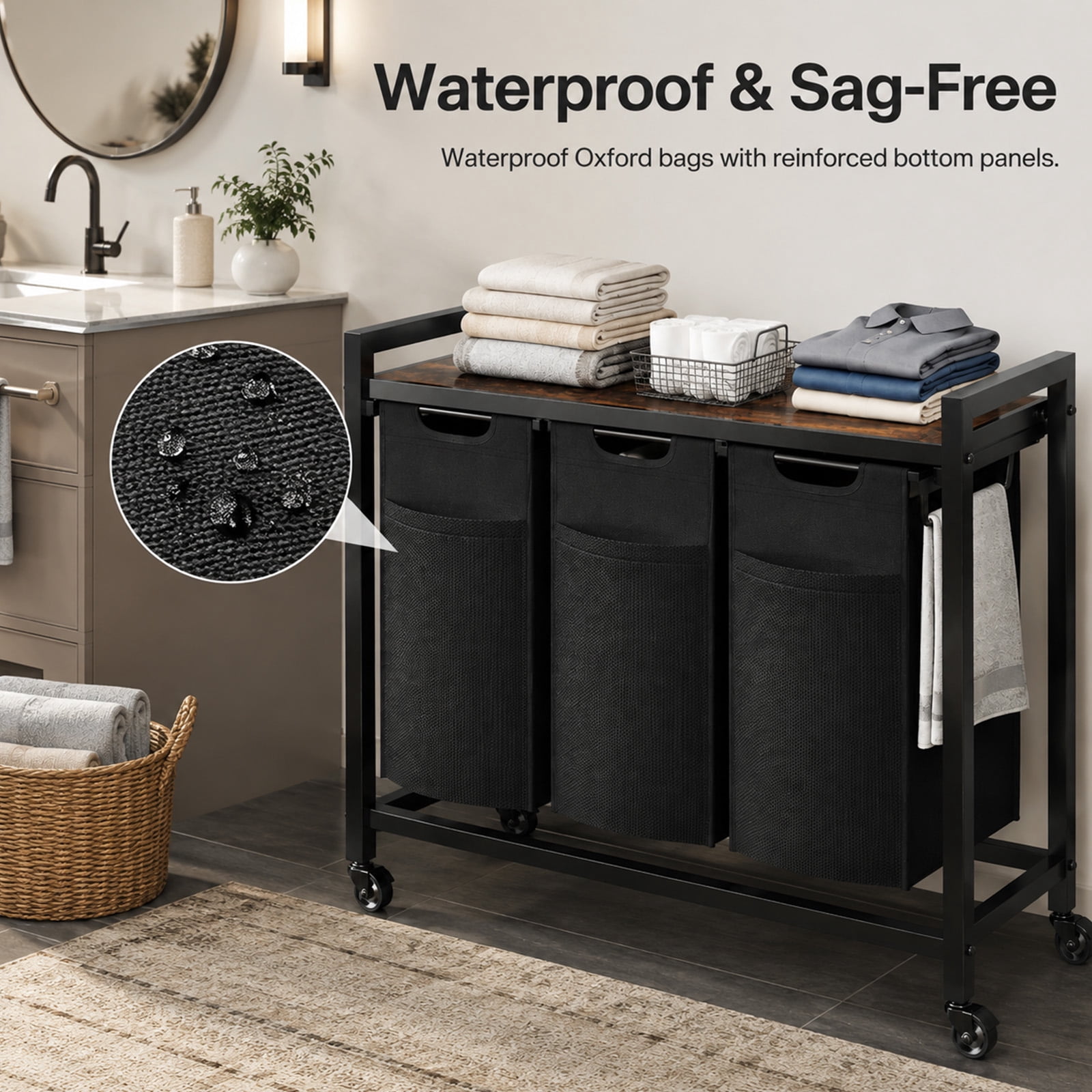 Alvantor Laundry Hamper 2/3 Section, 2 × 11.2 Gal (42.5 L)/3 × 8.6 Gal (32.5 L), Rolling Laundry Basket, Pull-Out and Removable Oxford Fabric Laundry Bags