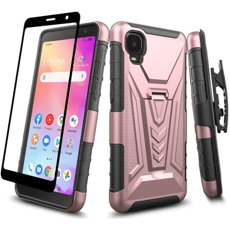 Alcatel TCL A3 A509DL Belt Clip Holster Kickstand Shock Proof Phone Case with Tempered Glass Screen Protector - Rose Gold