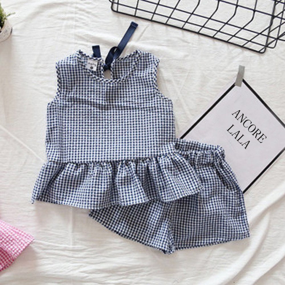 Baby Girls Plaid Ruffle Tank Top+Matching Shorts Outfit Summer Cotton Fly Sleeve Set 