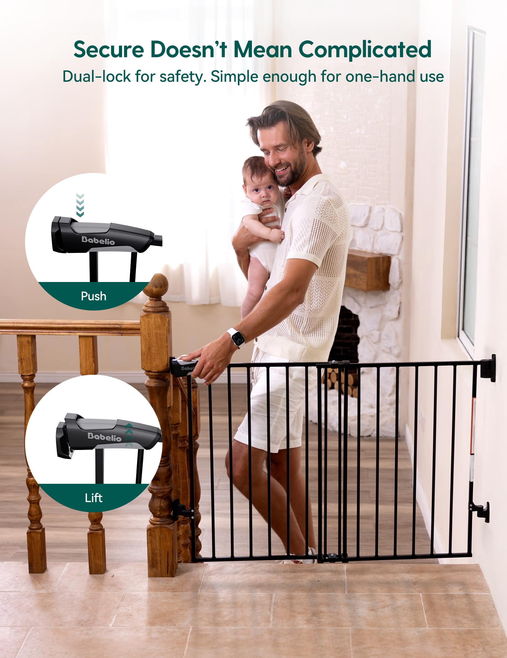 Gate for Stairs & Doorways, 26-43" W 34" H Extra Tall| No Bottom Bar| Easy Installation| One-handed Operation| Auto-close| Hardware Mount (Drill Needed) Safety Dog/Pet Gate Indoor (White)