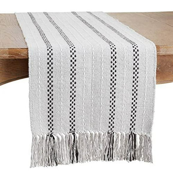 Fennco Styles Stitched Stripe Tassel Cotton Table Runner 16" W X 72" L - Grey Woven Table Cover for Home, Dining Table, Banquets, Thanksgiving, Christmas, Holidays and Special Occasion