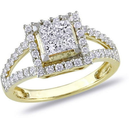 1 Carat T.W. Princess and Round-Cut Diamond 14kt Yellow Gold Halo Engagement Ring