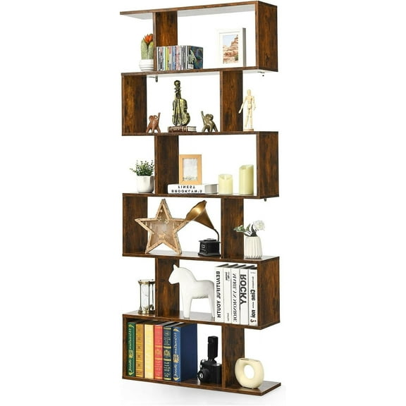 IFANNY 6 Tier S Shaped Bookshelf, Wooden Open Bookcase w/Anti-Tipping Device, Display Shelf Storage Organizer for Home, Office, Living Room, 31.5 x 9 x 75 inch