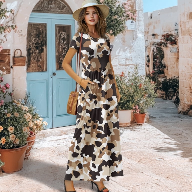 camouflage maxi dress Plus Size Casual Army Green Print High Slit (Without Belt) chic look. Maxi Dresses with Pockets for