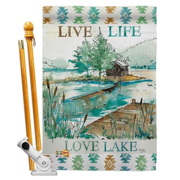 Breeze Decor BD-OU-HS-109072-IP-BO-D-US18-WA 28 x 40 in. Live Life Lake Nature Outdoor Impressions Decorative Vertical Double Sided House Flag Set & Pole Bracket Hardware