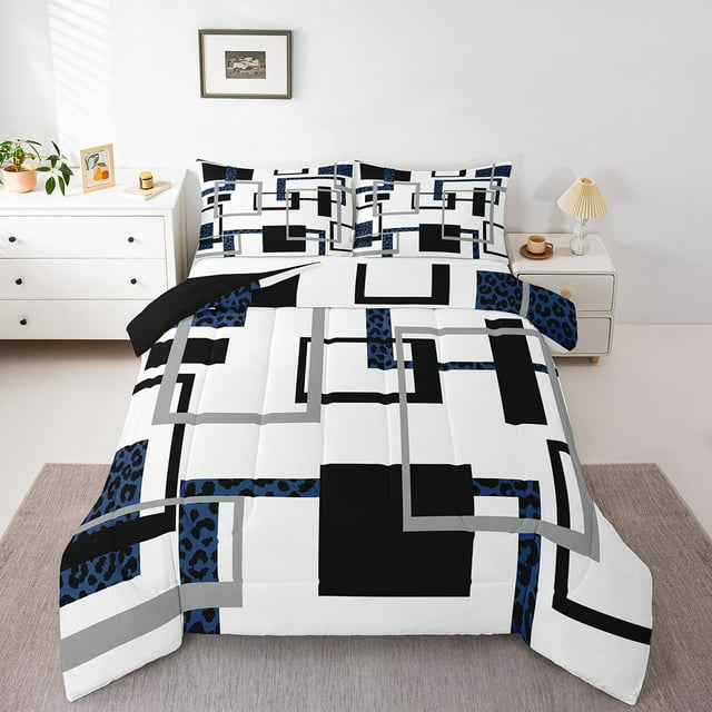 YST Couette Rayée Bleue pour Enfants Garçons Filles, Literie Géométrique Grand Lit, Ensembles de Literie à Texture Léopard, Courtepointe Réversible Abstraite avec 2 Taies d'Oreiller Déco de Chambre