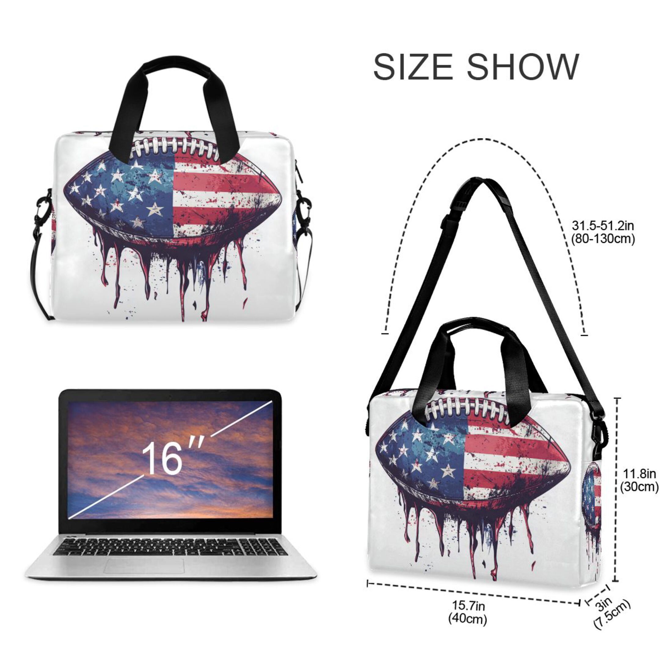 16" Laptop Tote Bag Laptop Sleeve Case Computer Briefcase for Work & Travel Football with An American Flag Design