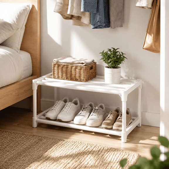 2-Tier Under Bed Shoe Rack, Space Saving Stackable Organizer for Dorm Bedroom Entryway, Small Space Shoe Storage Shelf, White 18.1“ x 11" x 8.3"
