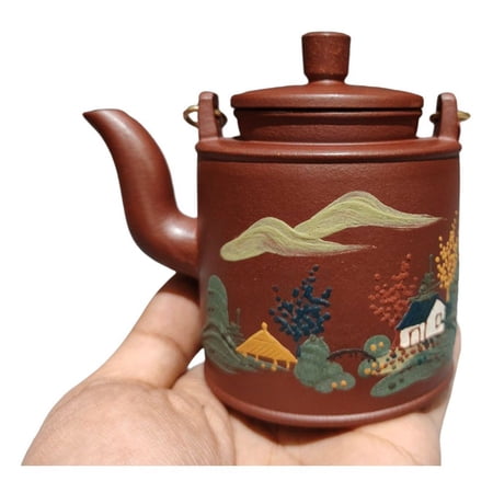 Vintage Yixing Teapot Oriental Lovely Scenic Carved Relief Painted Landscape Bridged Handle Ornamental Decorative Vessel Rare