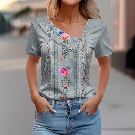 Homenesgenics Tops for Women Plus Size,Tunic Tops for Women,Crop Tops for Women Women's Short Sleeves-Neck Fashion Casual Printed Button-Up Blouse T-Shirt Blue XL
