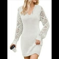 thumbnail image 3 of Women'S Mini Fitted Crochet Hollow-Out Sweater Sexy- Dress Dressy Casual Long Sleeve V Neck Knit Dresses White S, 3 of 8