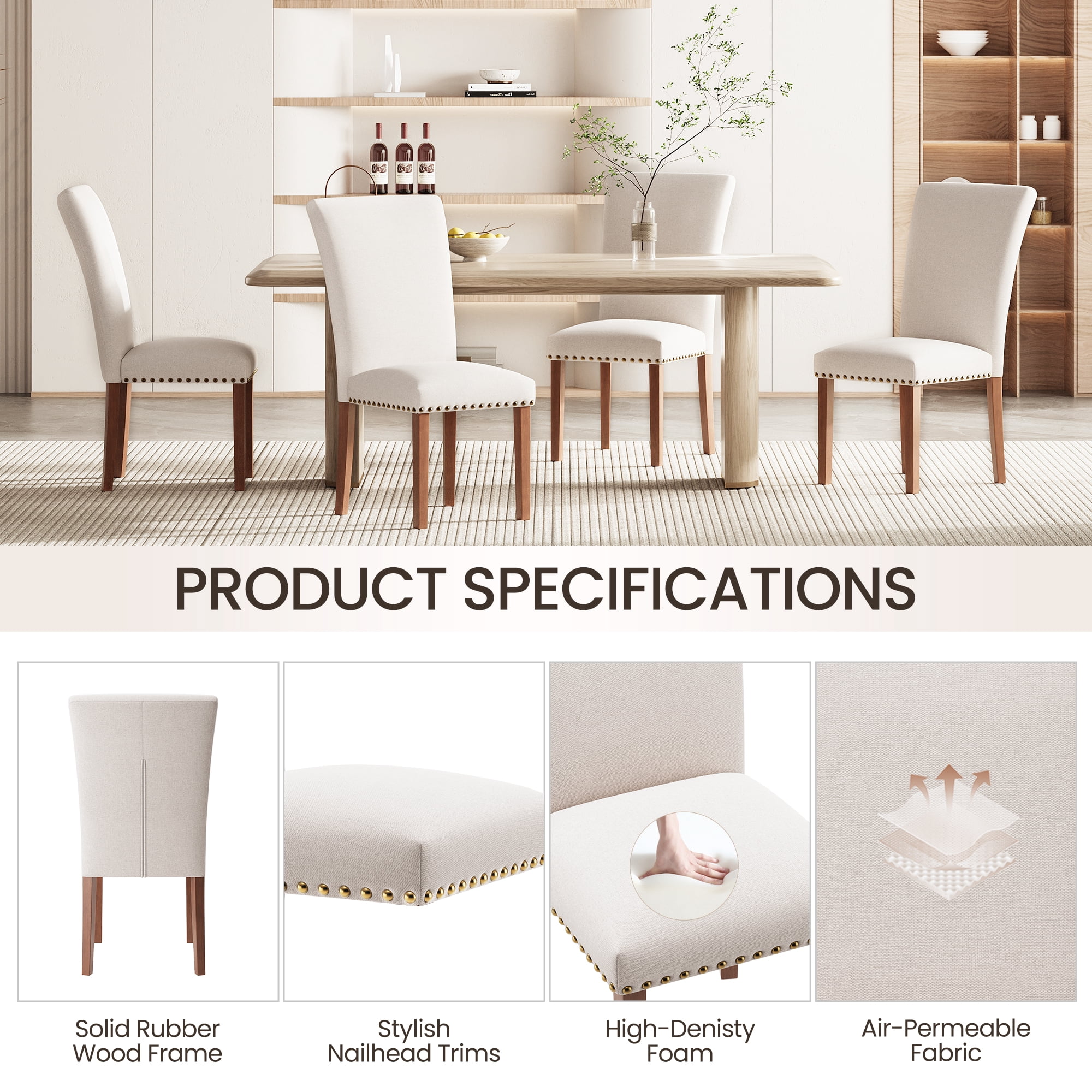 Mid-Century Fabric Dining Chairs with Nailhead Detail and Wooden Legs, Upholstered Side Chairs for Kitchen and Dining Room – Beige