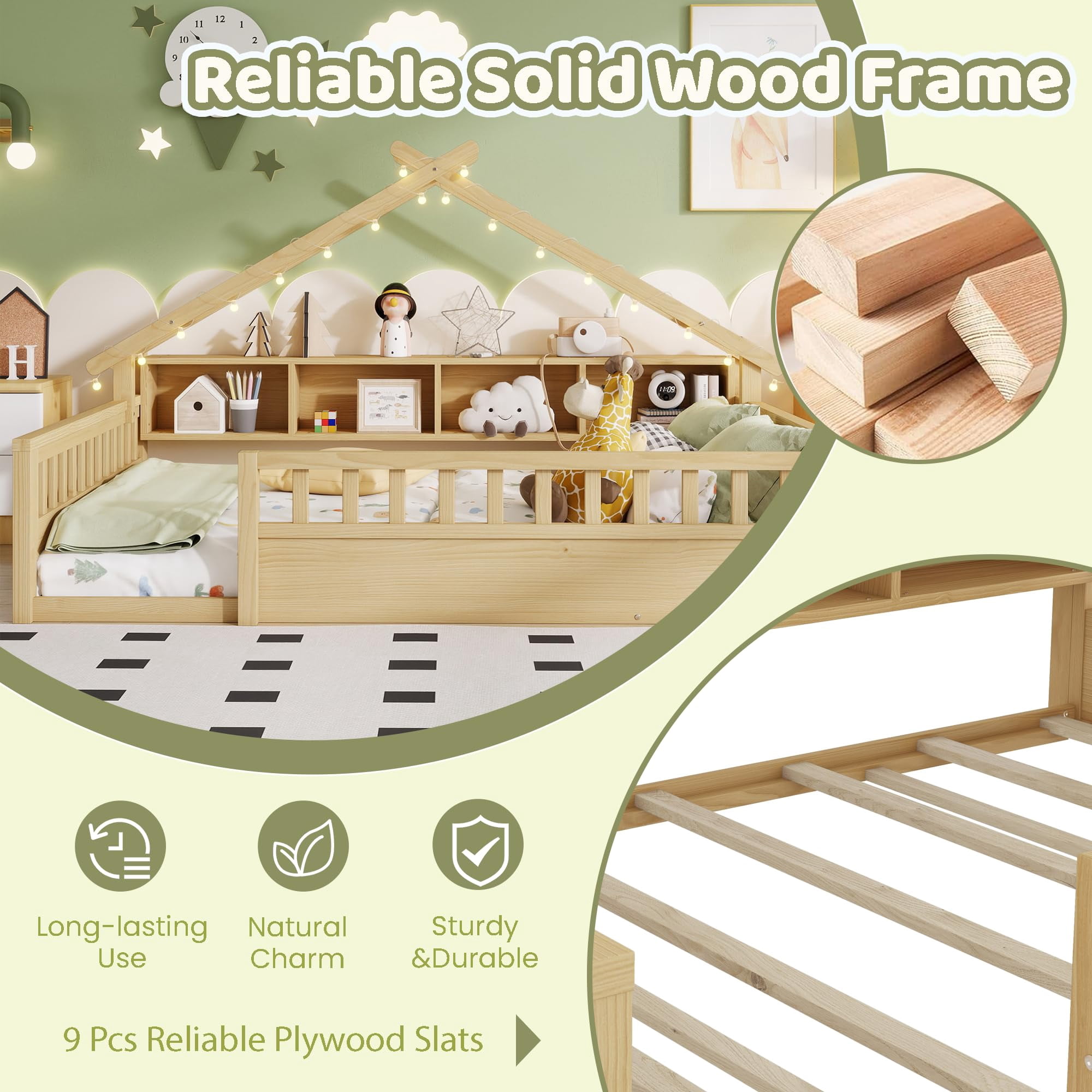 Mirightone Full Size Floor Bed with Storage Bookshelves, Wooden Montessori Bed Frame with Light, Roof Shape & High Safety Rails, Low Profile Beds, No Box Spring Needed, Natural