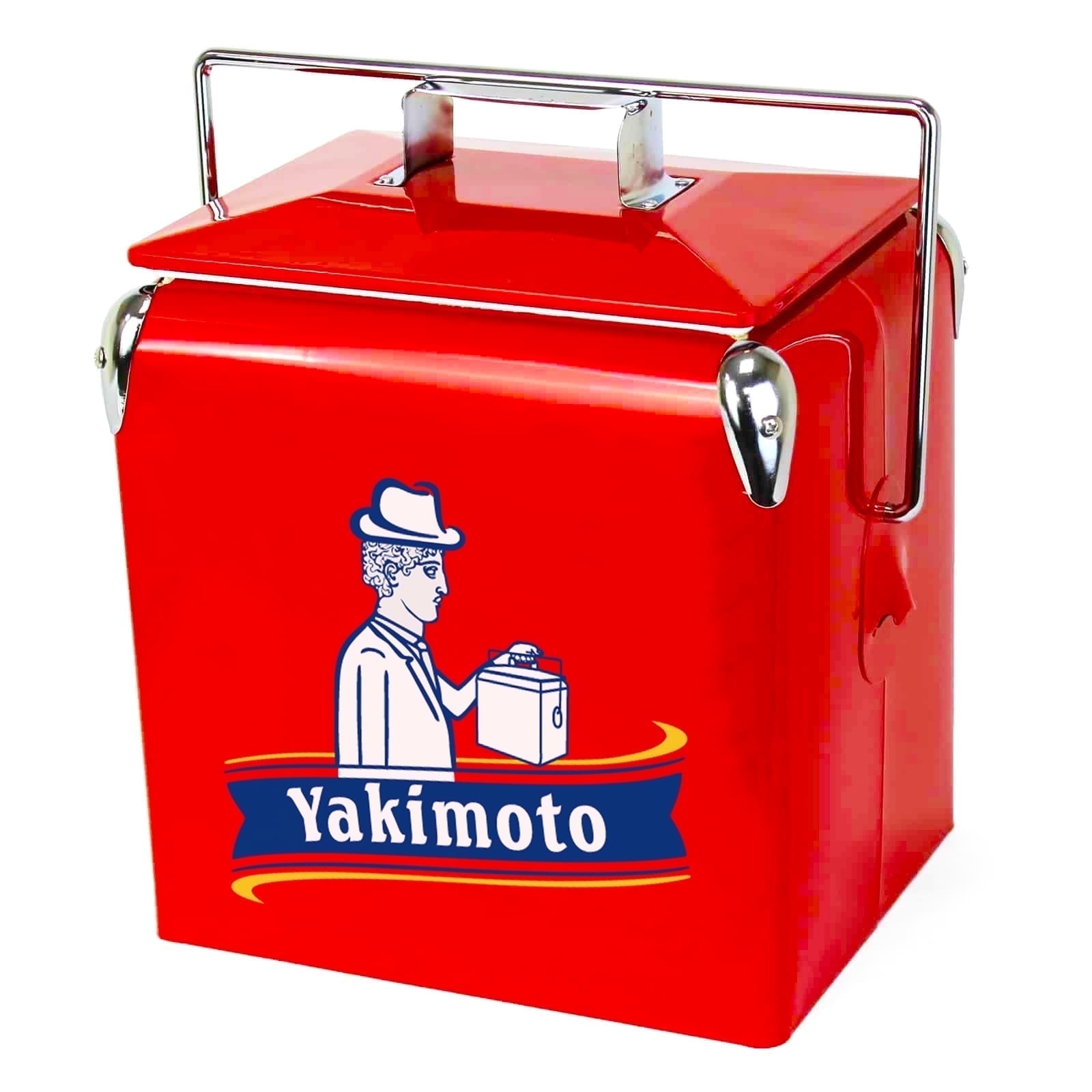 Yakimoto 14-Quart Vintage Metal Beverage Cooler with heavy-duty handle and secure locking lid for keeping drinks cold during outdoor tailgating