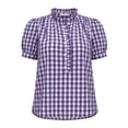 thumbnail image 5 of TEAJOPSUU Plaid Tops for Women V Neck Short Sleeve Button Down Placket Shirts Trendy Puff Sleeve Solid Color Blouses Purple, 5 of 8