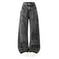 thumbnail image 3 of CPNG Girls Jeans Teen Girls Star Patchwork Straight Wide Leg Jeans Loose Streetwear High Waist Children's Stylish Pants(Black,7-8 years), 3 of 9