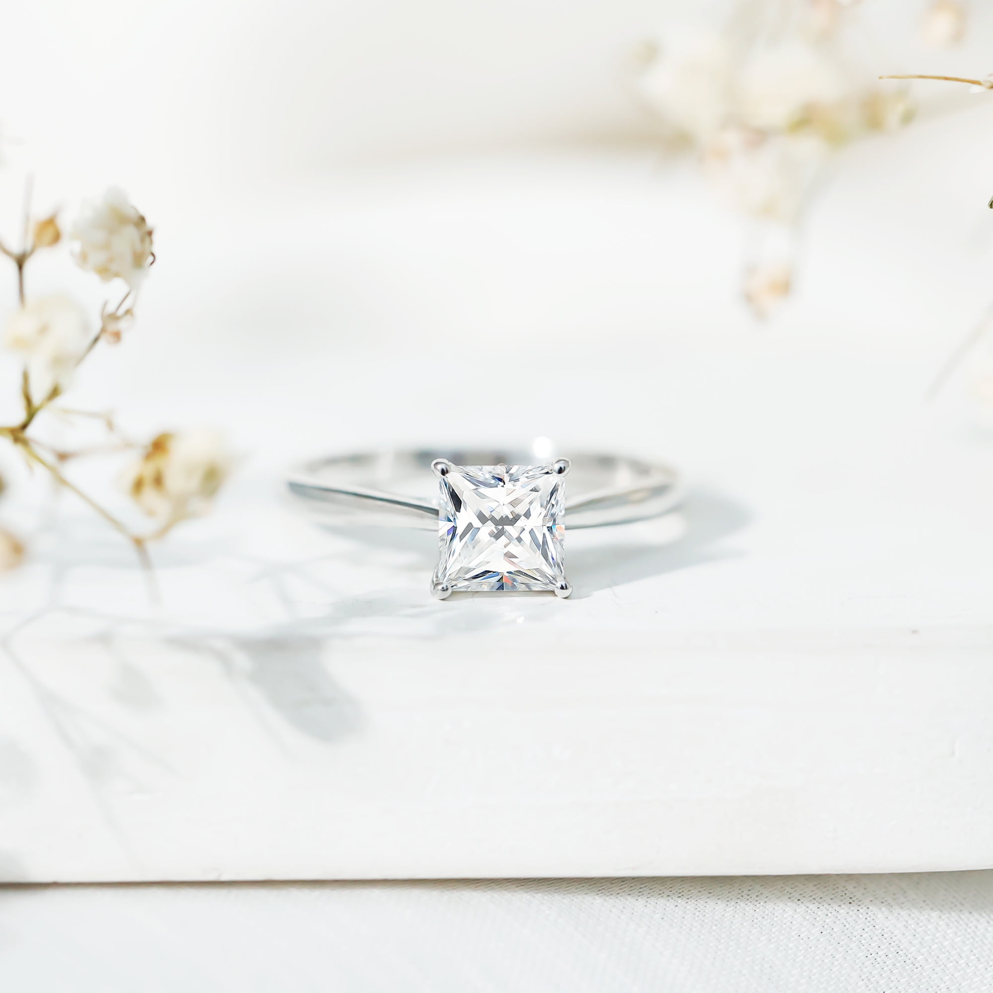 Rosec Jewels Princess Cut Moissanite Solitaire Engagement Ring for Women - 6 mm - 1 Carat Ring - D-VS1 Quality Certified, 14K White Gold, US 10.50