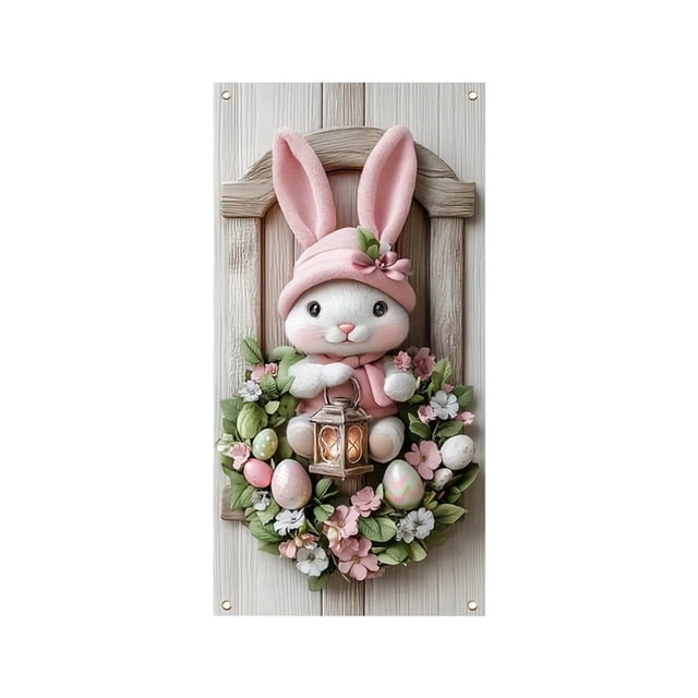 B Spring Festival Door Curtain Hanging Decor With Bunny And Egg Pattern Polyester Fabric For Holiday Party Background 70.87 Inches High