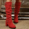 thumbnail image 2 of Rokment Women's Slouch Knee High Dress Tall Boots Trendy Buckles Solid Color Chunky Block High Heels Wide Calf Long Boots Fall Winter Red Size 9, 2 of 7