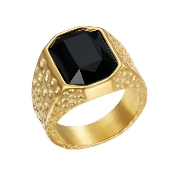 HIJONESMen's Stainless Steel Big Cut Gemstone Hammered Engraved Biker Ring Hip Hop Zirconia Wedding Chunky Band Black Size 9